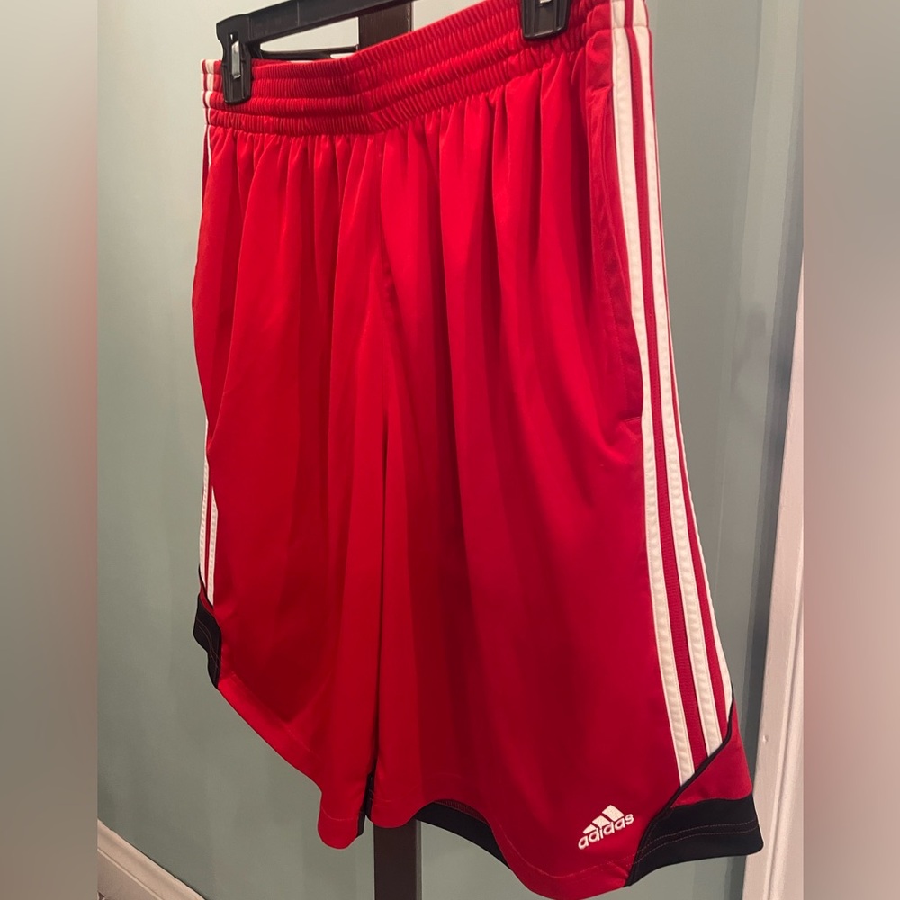 Men’s adidas Climalite shorts. Size Large. Red with black and white trim.